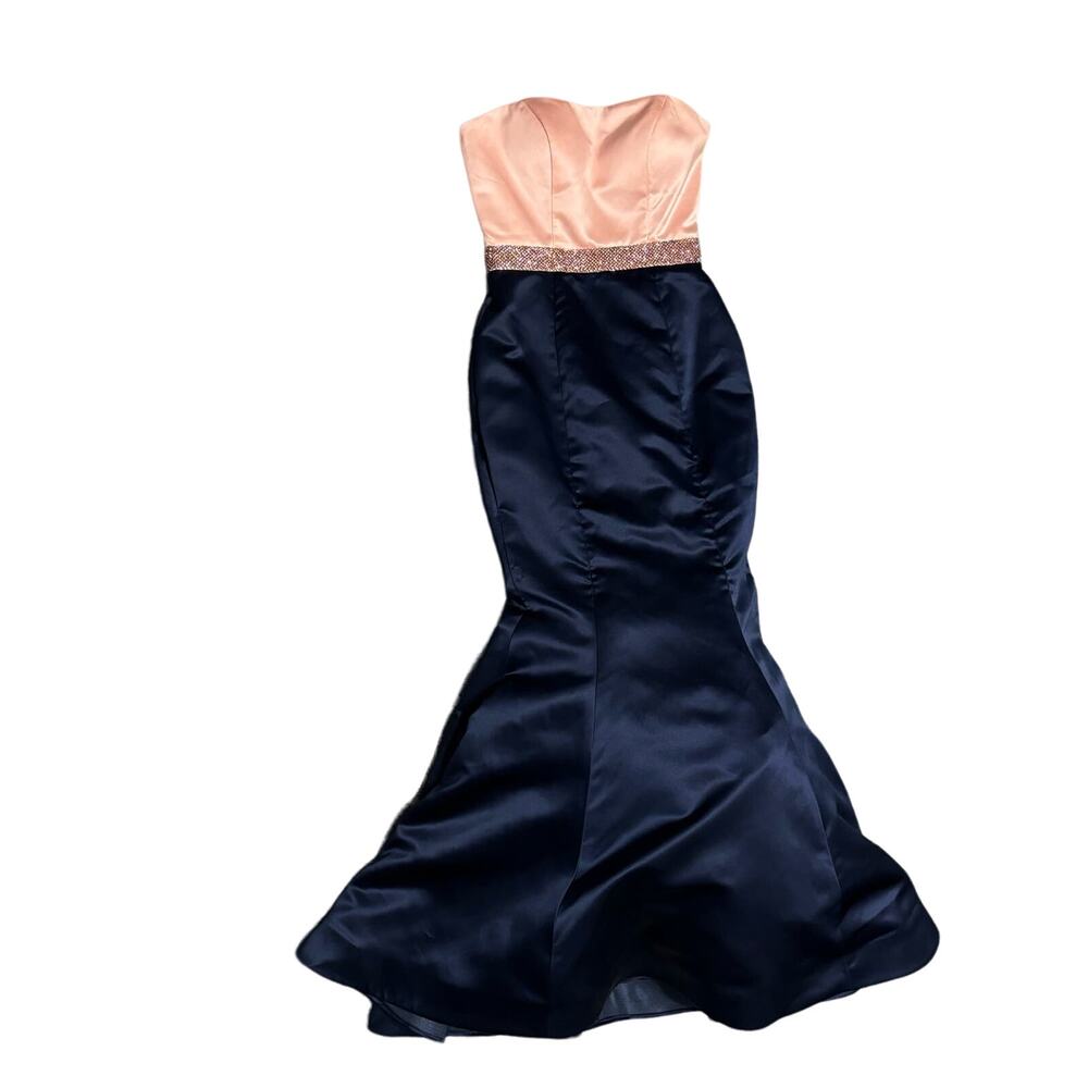 Sherri Hill Pink, Navy Empire Waist Strapless Mermaid Full Length Formal Gown 0